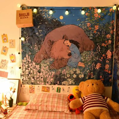 Sleepy Girl With Bear Tapestry Room Decor