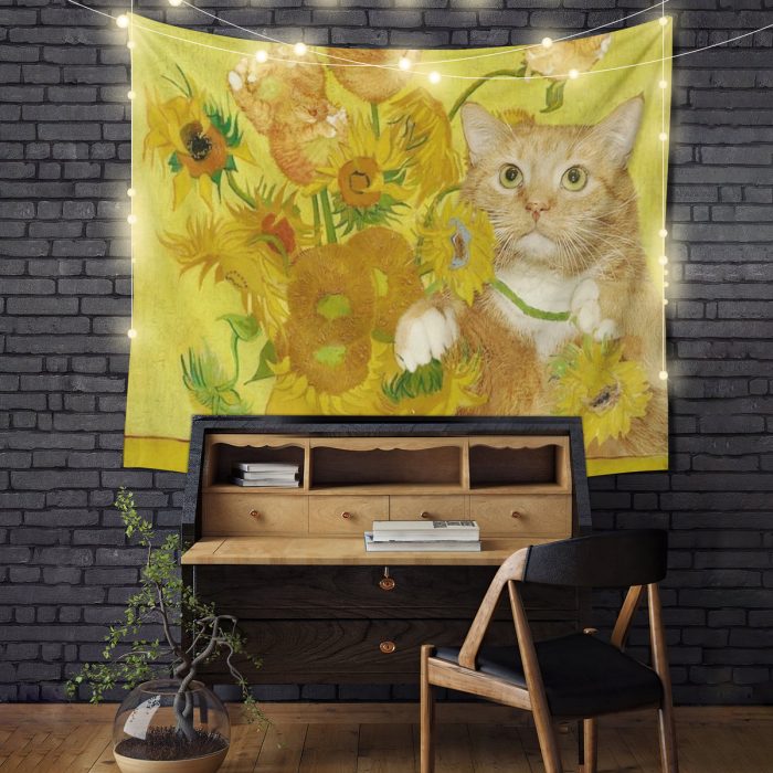 Cat With Flower Art Tapestry Room Decor