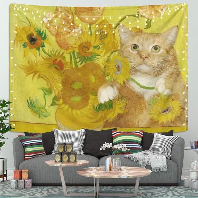 Cat With Flower Art Tapestry Room Decor