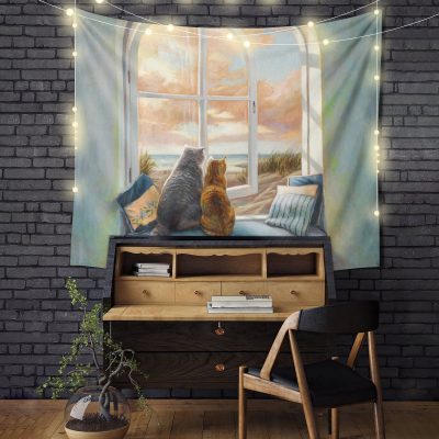 Cats Beside Window Tapestry Room Decor