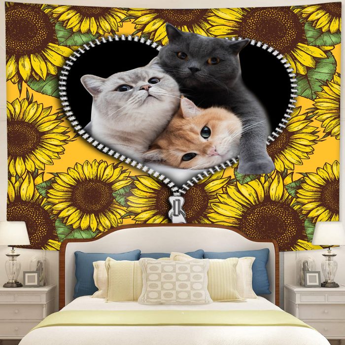 Cute Cat Sunflower Zipper Tapestry Room Decor