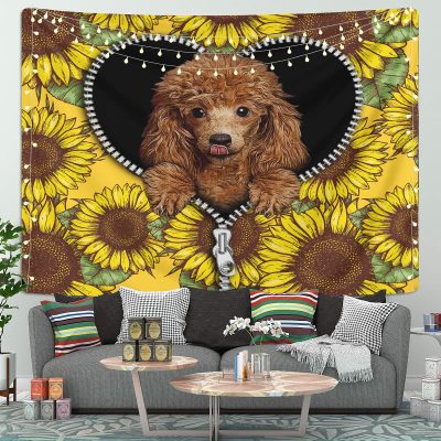 Cute Dog Poodle Sunflower Zipper Tapestry Room Decor