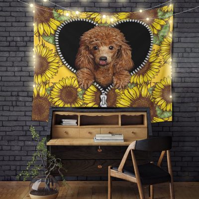 Cute Dog Poodle Sunflower Zipper Tapestry Room Decor