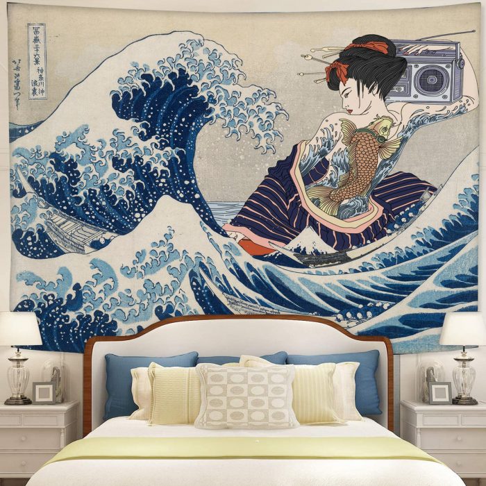 Kanagawa Girl The Great Wave Japanese Tapestry Room Decor