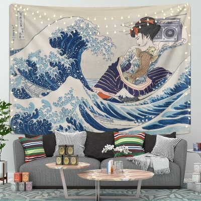 Kanagawa Girl The Great Wave Japanese Tapestry Room Decor