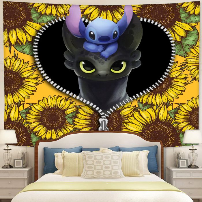 Toothless And Stitch Sunflower Zipper Tapestry Room Decor