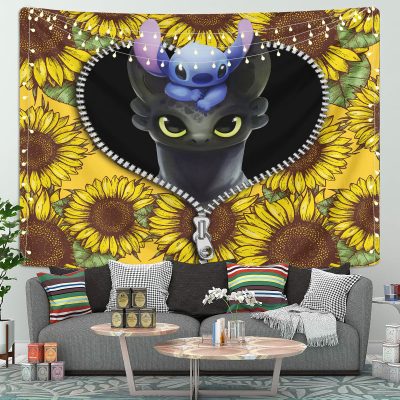 Toothless And Stitch Sunflower Zipper Tapestry Room Decor